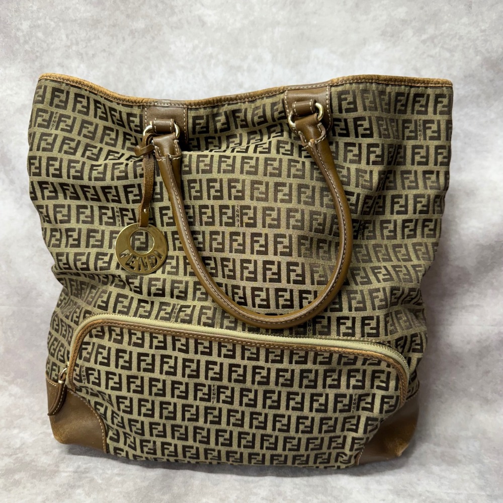 Fendi Zucca Monogram Canvas Tote Bag Brown Leather Trim Vintage Made in Italy